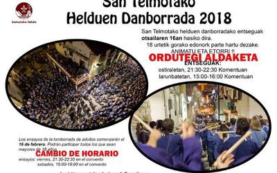 Santelmoetako gazte eta helduen danborradako entseguetan ordutegi aldaketa