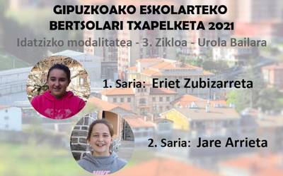 Eriet Zubizarreta eta Jare Arrieta lehen bi postuetan sailkatu dira Gipuzkoako Eskolarteko Bertsolari Txapelketan