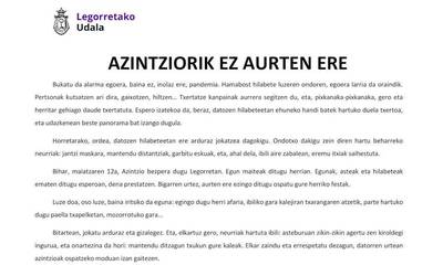 Aurten ere Azintzio jairik ez dagoela gogorarazi du Udalak, herritarrei elkar zaindu eta errespetatzeko eskatuz