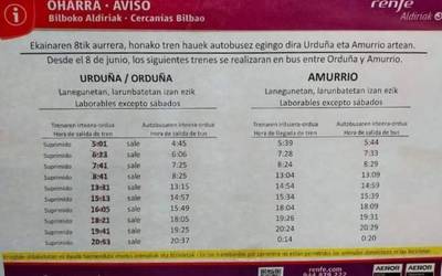 Renfek hainbat tren zerbitzu kenduko ditu Urduña eta Amurrio artean eta autobusa eskainiko du horien ordez