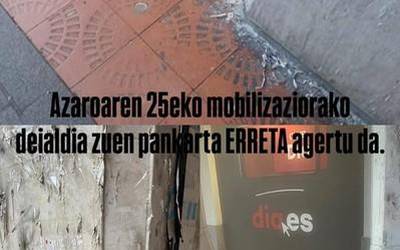 Arrasateko Mugimendu Feministak salatu du Azaroaren 25erako deialdia egiten zuen pankarta erreta agertu dela