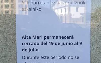 Aita Mari aretoa itxita egongo da uztailaren 9ra arte